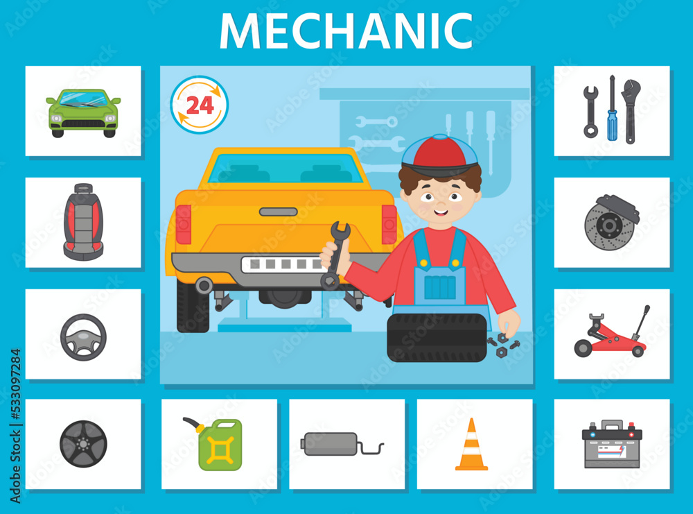 Educational game for kids. Learning cards. Professions. Auto mechanic and tools. Preschool