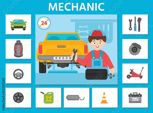 Educational game for kids. Learning cards. Professions. Auto mechanic and tools. Preschool worksheet activity. Vector illustration