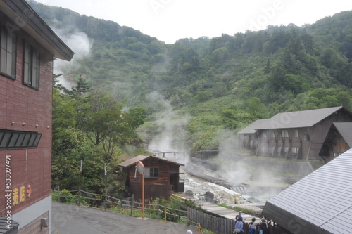 Tamagawa hot spring onsen famous for healing cancer disease thanks to hakutolite rock radiation in mountain valley in Semboku city, Akita prefecture, Tohoku region, northern Japan, Asia