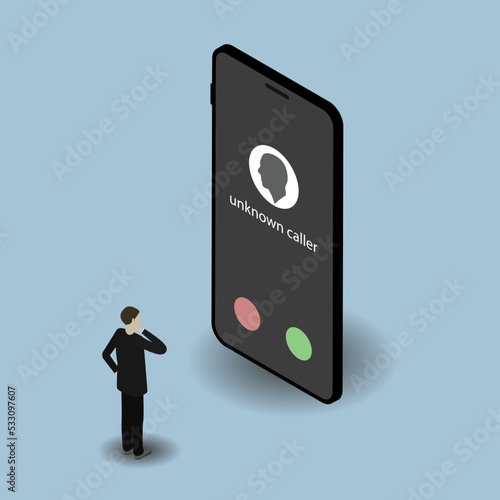 Isometric phone. 3D smartphone. Businessman. Phone call. Incoming call. A call from an unknown subscriber. Unknown caller. Contact icon on the screen. Blue background.