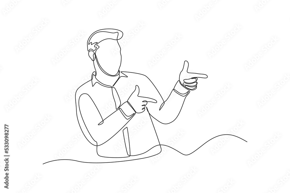Single one line drawing businessman pointing with two hands and fingers to the side. Pointing concept. Continuous line draw design graphic vector illustration. Single one line drawing businessman pointing with two hands and fingers to the side. Pointing concept. Continuous line draw design graphic vector illustration.