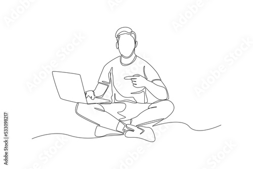 Single one line drawing businessman pointing his laptop. Pointing concept. Continuous line draw design graphic vector illustration.