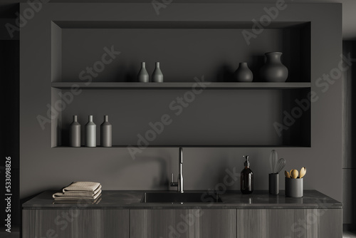 Grey kitchen set interior with sink and kitchenware