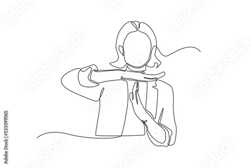 Continuous one line drawing . Business woman showing a timeout gesture hand, needs stop, Timer concept. Single line draw design vector graphic illustration.