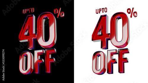 UPTO 40% OFF. 3D Glossy Red Glass text animation, in Black and White Background, 3D render.