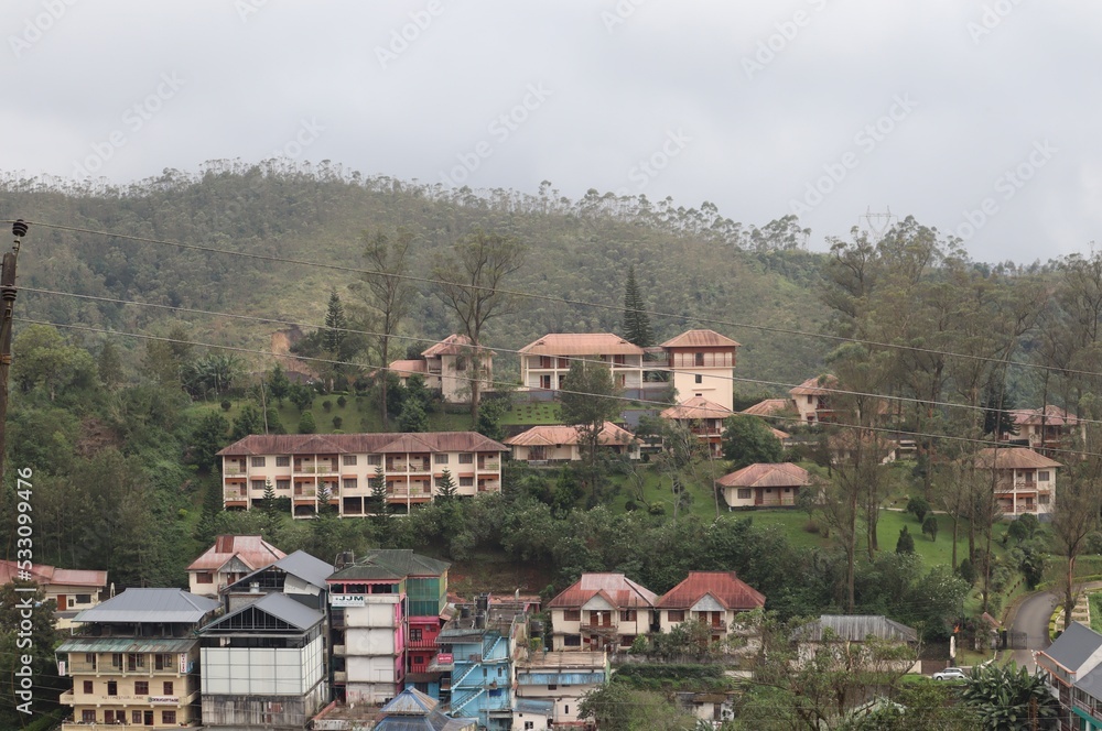 A view of beautiful houses perched on a hill with lush greenery.