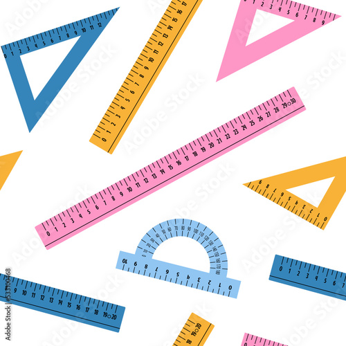 Seamless pattern of school rulers. Multicolored rulers, triangle, protractor. School background, education concept, study, math and geometry, drawing tools. Vector illustration