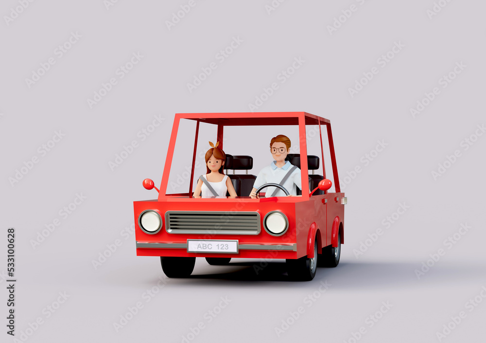 Car driving for the weekend, ready for travel. Couple are sitting in the vehicle. 3D Rendering Car driving for the weekend, ready for travel. Couple are sitting in the vehicle. 3D Rendering