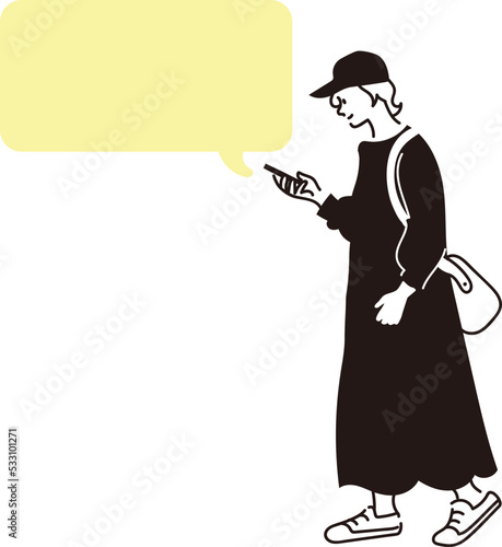 携帯電話を見る女性のベクター線画