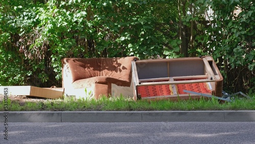 Photography Old Sofa and Household Furniture Dumped on the Street Prepared for Bulk Item Cur