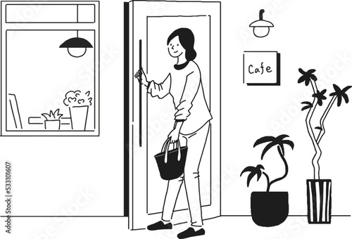 カフェに入る女性のベクター線画