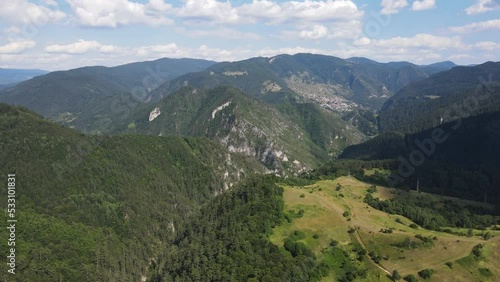 Aerial summer view of Rhodope Mountains near village of Borino, Smolyan Region, Bulgaria photo