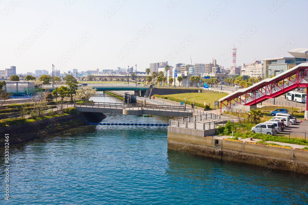 The Sakurajima Ferry Terminal Port in Kagoshima prefecture, Kyushu, Japan.
