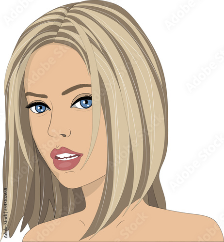 Portrait of a beautiful fair-haired girl with blue eyes and a parted mouth.
