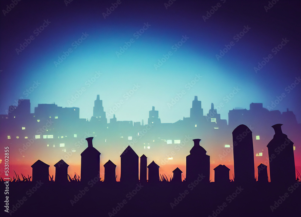 skyline of tombs and cemetery in a city, texture or scary background for halloween, 3d illustration