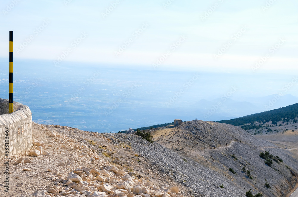 View from Mount Ventoux, Provence, France. Famous pre-alps mount. Shepherd's hut. Sheep are grazing. Copy space. View from Mount Ventoux, Provence, France. Famous pre-alps mount. Shepherd's hut. Sheep are grazing. Copy space.
