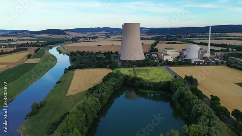 View of drone of nuclear power plant and river