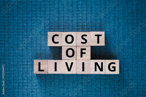 Cost of Living words on cubes placed on blue grid background