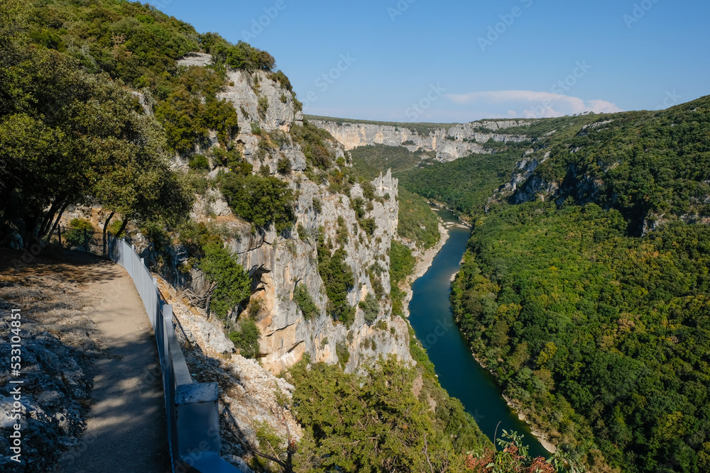 Ardeche Gorge and River, South of France, Europe. View from the observation deck. Ardeche Gorge and River, South of France, Europe. View from the observation deck.