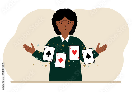 Woman holding playing cards cards. Playing combination of 4 aces or four of a kind.
