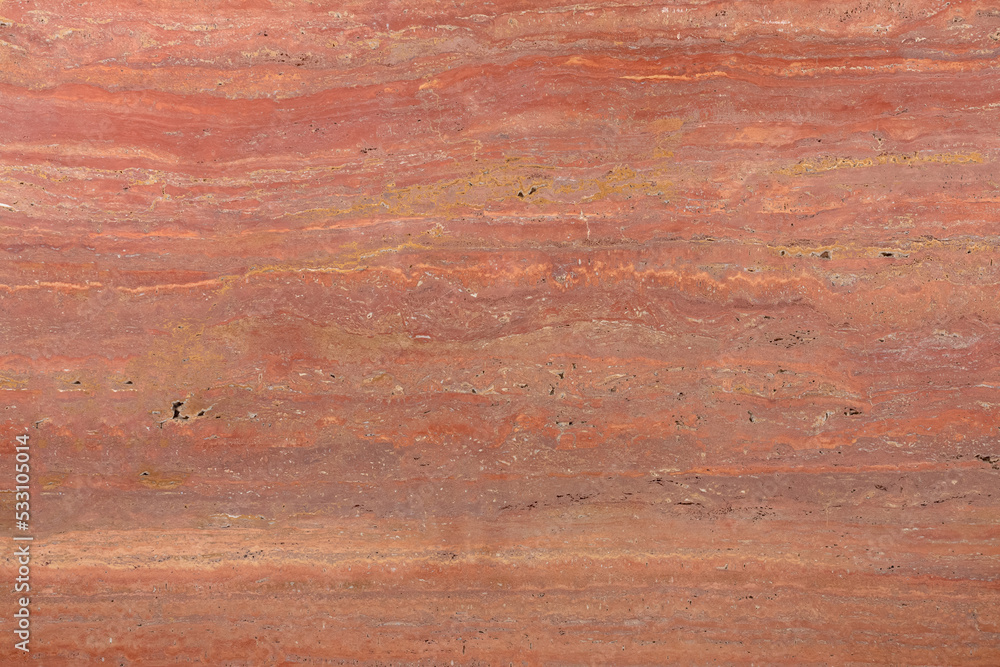 Red Travertin, natural classic travertine stone texture, photo of slab. Matt grunge pattern for exterior home decoration, floor, 3d ceramic wall tiles surface home decor. Natural background wallpaper.