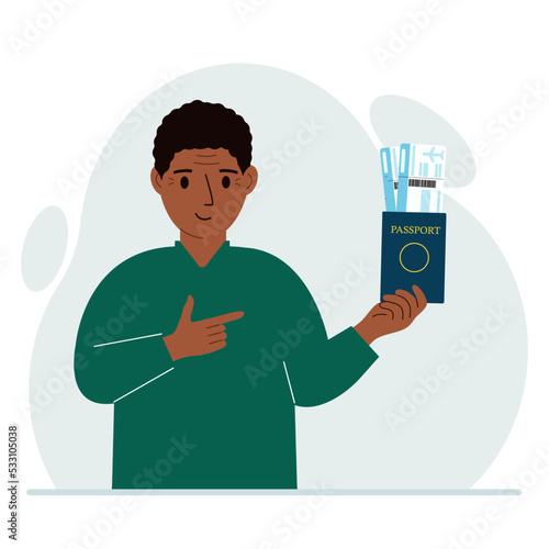 A man holds a passport with air tickets. The man shows the boarding pass. Travel concept. Vector flat illustration