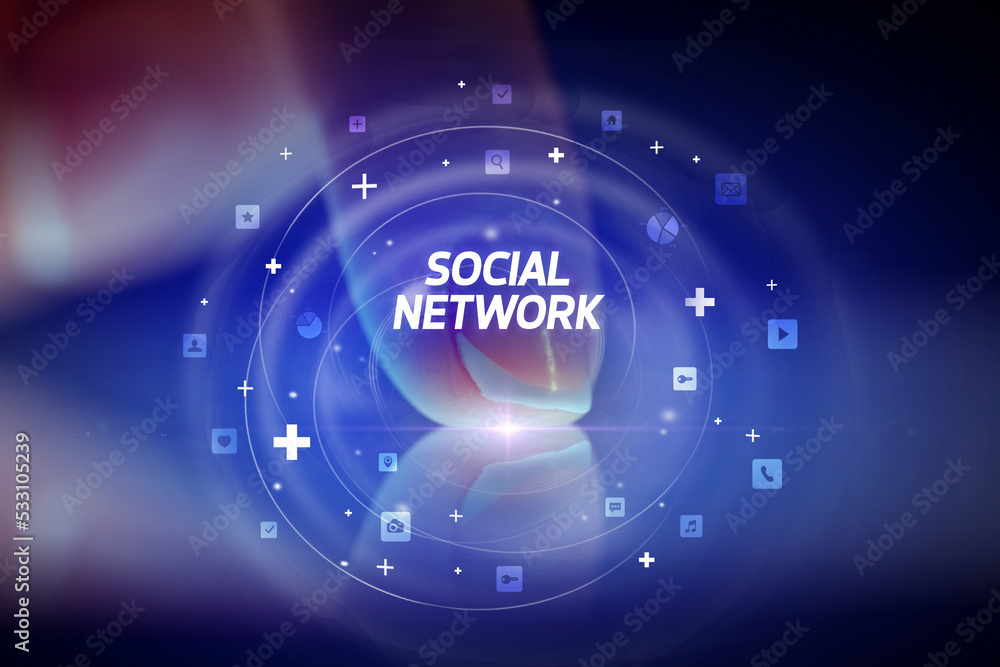 Finger touching tablet with social media icons concept Finger touching tablet with social media icons concept