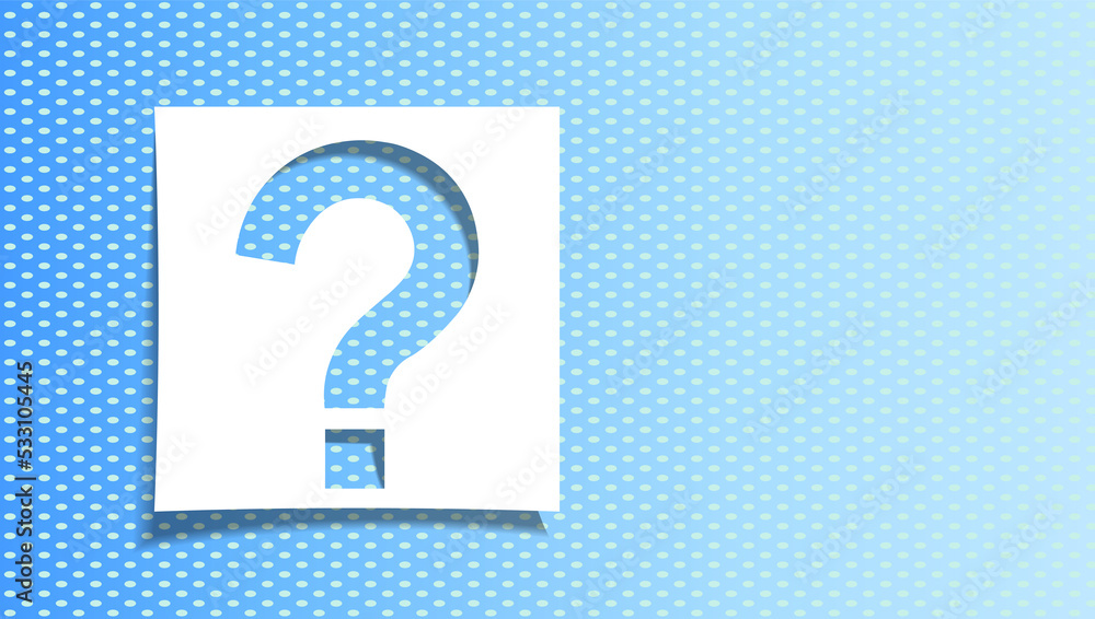 Cut out paper with white question mark symbol on light blue spotted ...