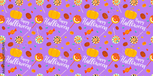 Happy Halloween seamless pattern design with pumpkin  sweets  candy. Trick or treat vector illustration for wallpaper  wrapping paper  banner  web  frame  party celebration on violet background.