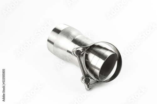 Stainless pipe adapter to tube isolated on white background and stainless clamp with cross screw