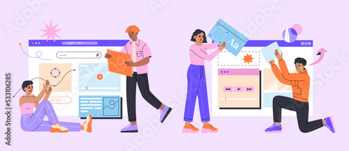 Group of people are engaged in web design of websites and mobile apps. UI, UX design, interface creating. Hand drawn color vector illustration isolated on purple background, modern flat cartoon style