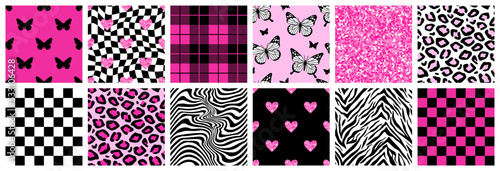 Y2k glamour pink seamless patterns. Backgrounds in trendy emo goth 2000s style. Butterfly, heart, chessboard, mesh, leopard, zebra. 90s, 00s aesthetic. Pink pastel colors. photo