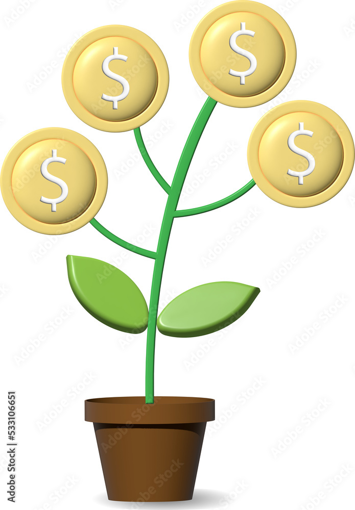 3D Realistic Money tree plant with coin dollar. Business profit investment, finance education, business income, business development concept.
3D Realistic Money tree plant with coin dollar. Business profit investment, finance education, business income, business development concept.