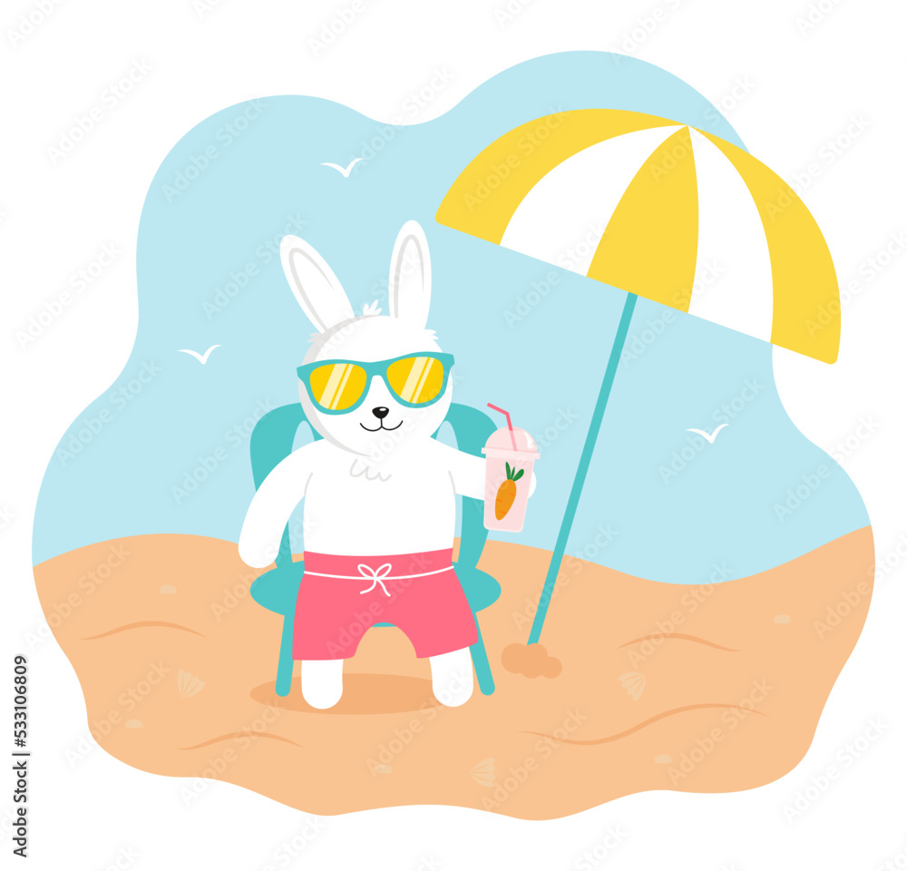 Cute rabbit or bunny in sunglasses sunbathing on the beach with a cocktail. Summer character. Vector illustration for postcard or calendar
