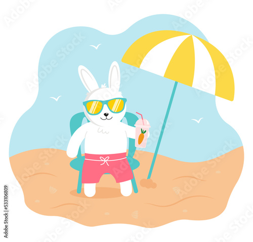 Cute rabbit or bunny in sunglasses sunbathing on the beach with a cocktail. Summer character. Vector illustration for postcard or calendar