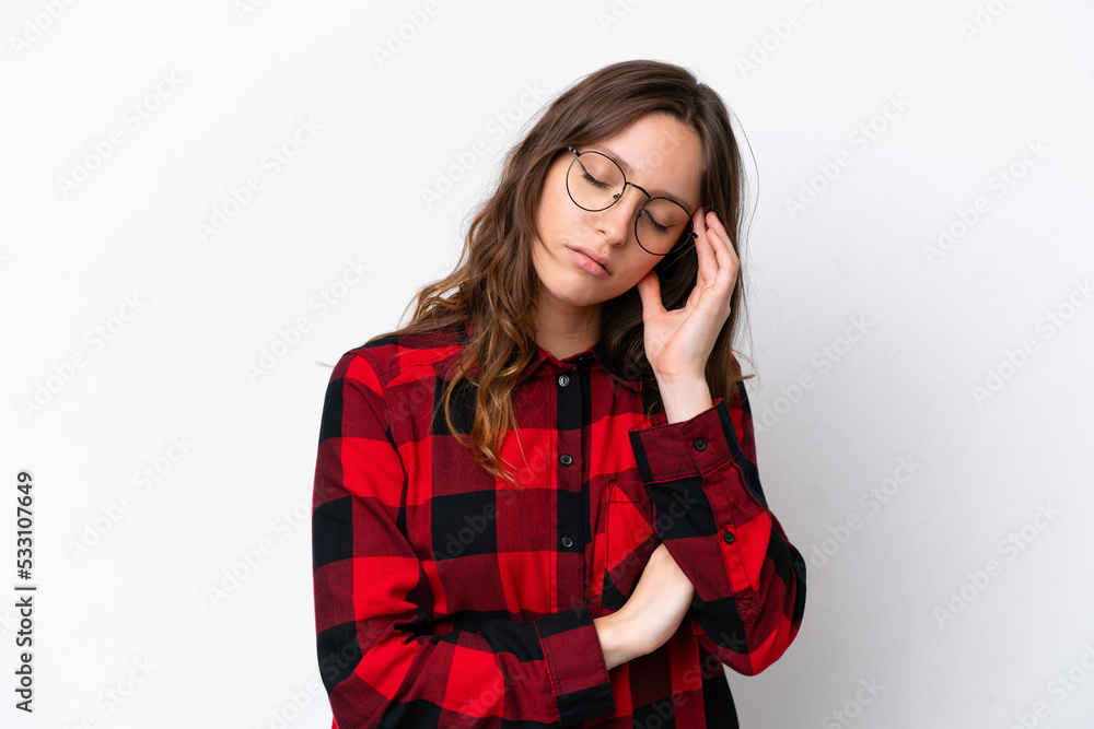 Young caucasian woman isolated on white background with headache Young caucasian woman isolated on white background with headache