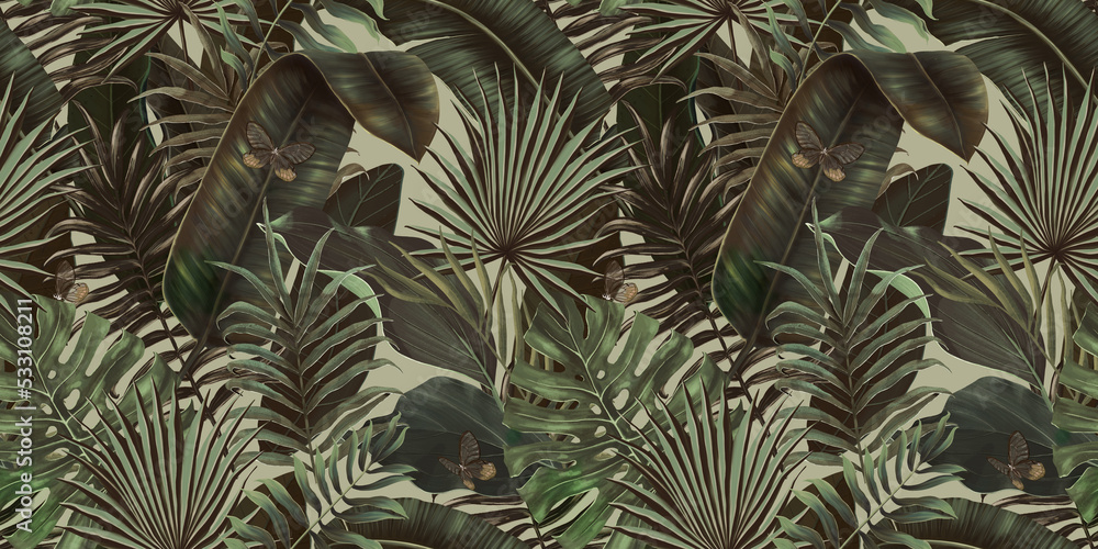 custom made wallpaper toronto digitalTropical exotic seamless pattern with tropical green palm, colocasia, banana leaves. Hand drawing botanical vintage background. Suitable for making wallpaper, printing on fabric, wrapping, fabric.