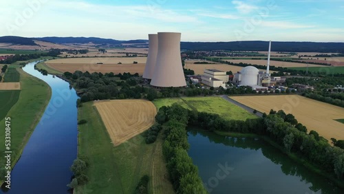 View of drone of nuclear power plant and river