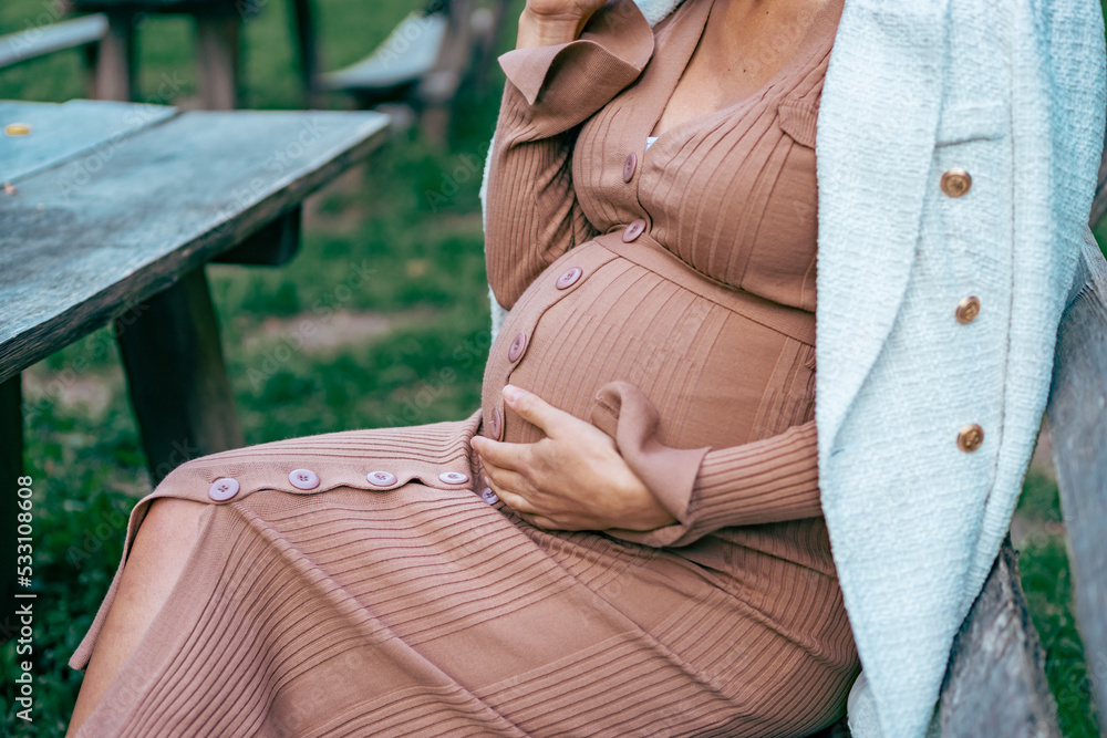 Fototapeta premium Pregnant woman sitting on a bench in nature park. relaxing and enjoy in fresh air.