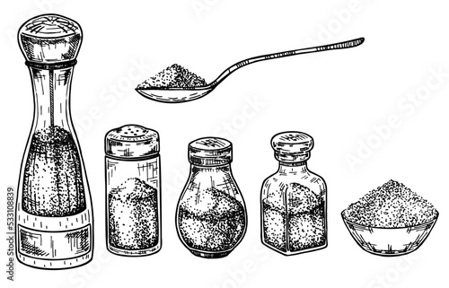 Salt and pepper shakers collection isolated on white background. Spice containers sketch. Spoon with salt. Set of vector hand drawn illustrations