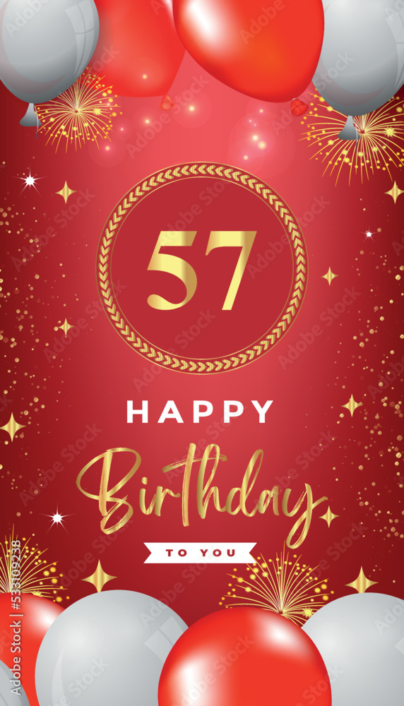 57th Birthday celebration with red and white balloons, gold frames, fireworks on red background. Premium design for ceremony, banner, poster, birthday invitations, and Celebration events. 