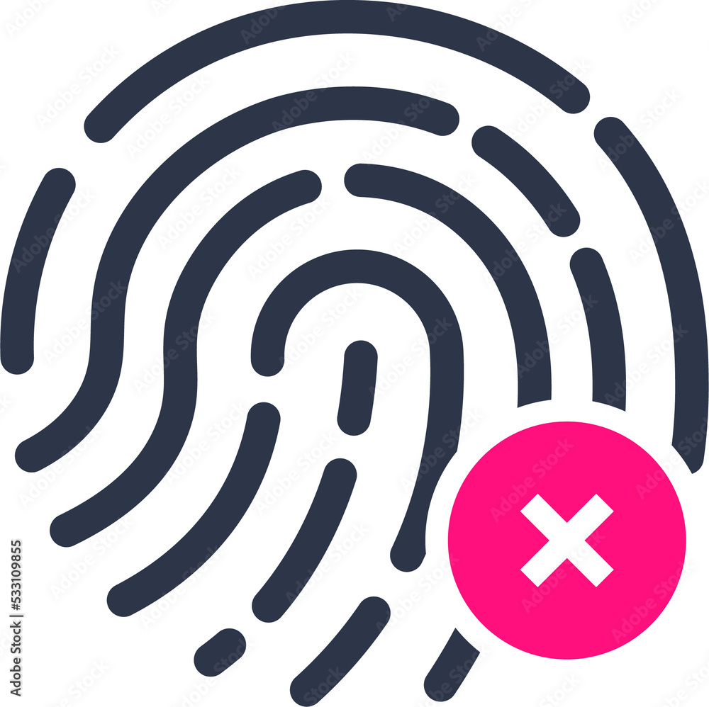 Fingerprint with red crossmark icon illustration. Fingerprint id symbol for biometric identification. Fingerprint with red crossmark icon illustration. Fingerprint id symbol for biometric identification.