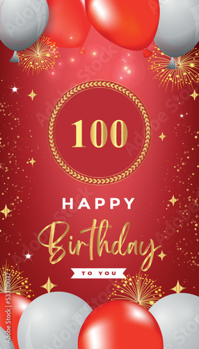 100th Birthday celebration with red and white balloons, gold frames, fireworks on red background. Premium design for ceremony, banner, poster, birthday invitations, and Celebration events. 