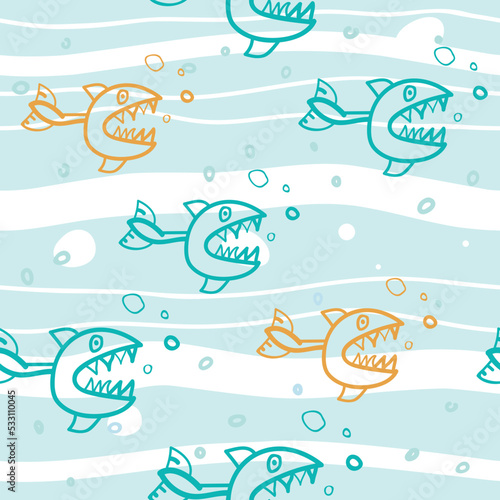 Shark seamless pattern. Cartoon sketch fish illustration. Drawn by hand.