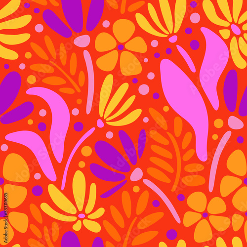 Vintage botanical seamless pattern. Modern groovy flowers, vector background. Hand drawn floral retro print for fabric, wallpaper, packaging, wrapping paper, web banner and social media