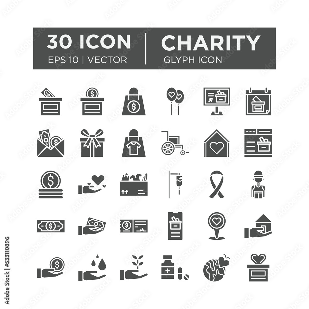 Set of glyph icons about Charity and Donation. Contains such icons as Charity, Donation, Giving, Food Donation, Teamwork, Relief. Editable vector Set of glyph icons about Charity and Donation. Contains such icons as Charity, Donation, Giving, Food Donation, Teamwork, Relief. Editable vector