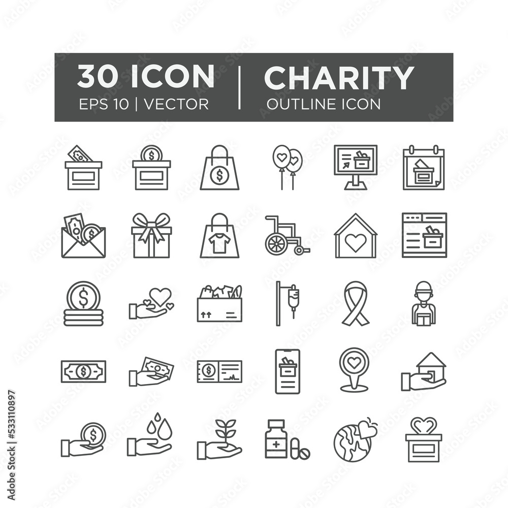 Set of outline icons about Charity and Donation. Contains such icons as Charity, Donation, Giving, Food Donation, Teamwork, Relief. Editable vector Set of outline icons about Charity and Donation. Contains such icons as Charity, Donation, Giving, Food Donation, Teamwork, Relief. Editable vector