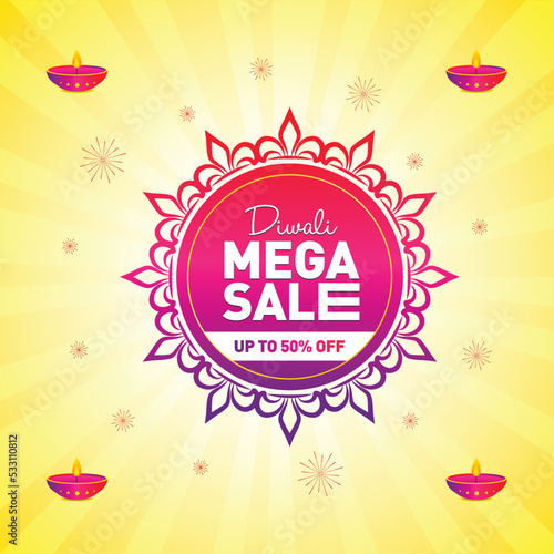 Diwali mega sale discount offer logo unit with yellow background, Sign, Symbol, 50%off, Modern logo.