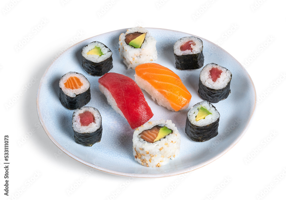 maki sushi on a plate isolated on the white background maki sushi on a plate isolated on the white background
