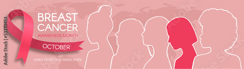 Breast cancer awareness month long banner. pink ribbon, space for text and diverse women silhouettes. Vector flat illustration.